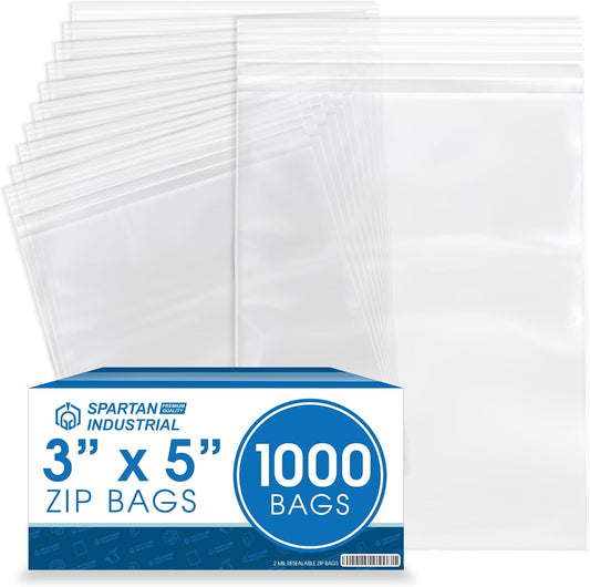 - 3” X 5” (1000 Count) 2 Mil Clear Reclosable Zip Plastic Poly Bags with Resealable Lock Seal Zipper