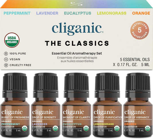 Organic Essential Oils Set (Top 5) - 100% Pure Natural - Aromatherapy, Candle Making - Peppermint, Lavender, Eucalyptus, Lemongrass & Orange (Packaging May Vary)