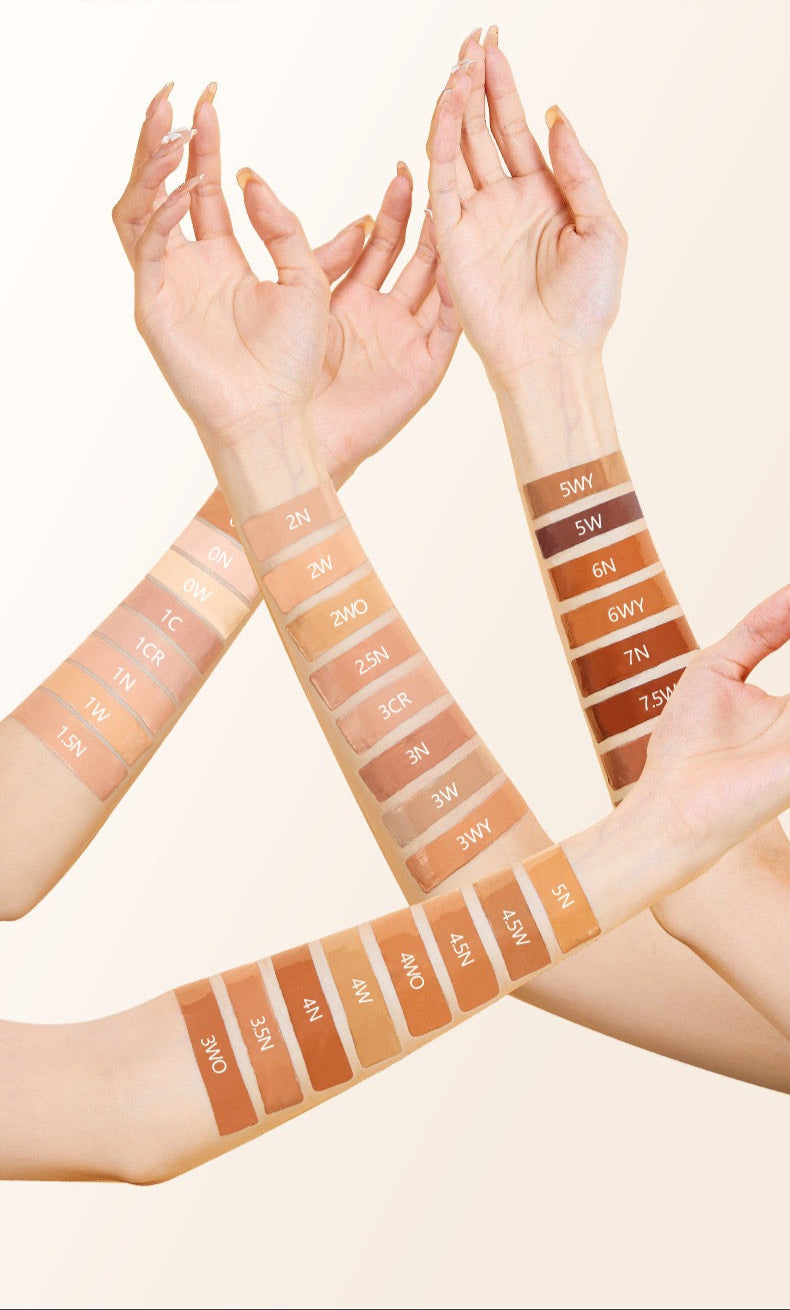 Multiple swatches of makeup on different skin tones with color names.