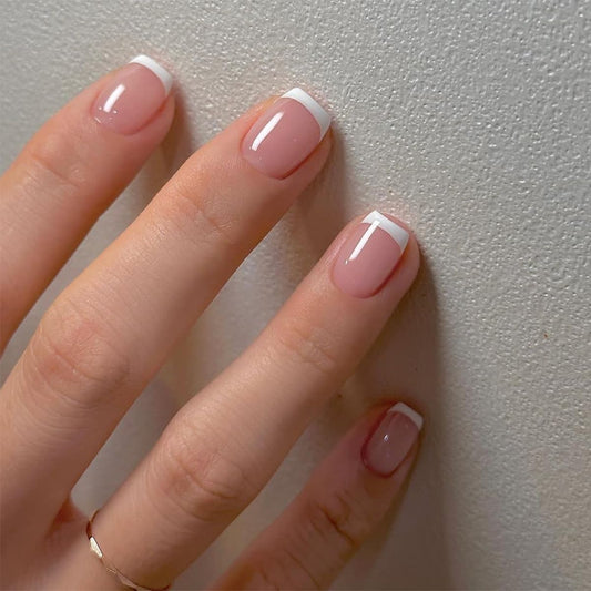 White French Tip Press on Nails Short Square Fake Nails Pink Glossy Acrylic Glue on Nails Reusable Stick on Nails for Women and Girls DIY Nails Art Decoration 24Pcs
