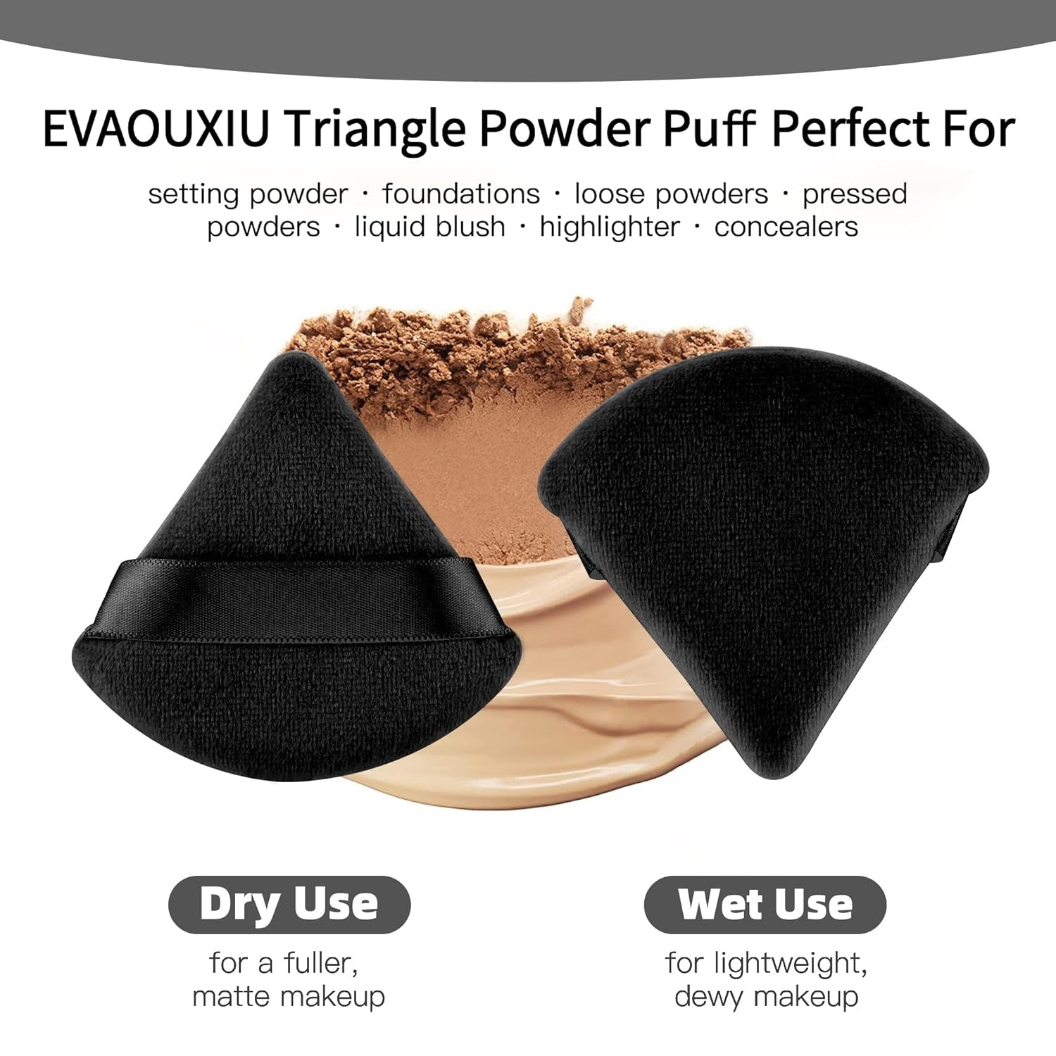 2 Pcs  Triangle Powder Puff for Face Powder, Soft Plush Setting Powder Puff, Velour Cosmetic Foundation Blender Sponge Beauty Makeup Tools (Black)